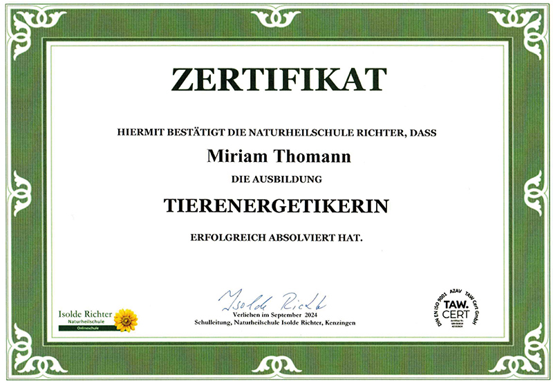 Zertifikat Tierenergetikerin